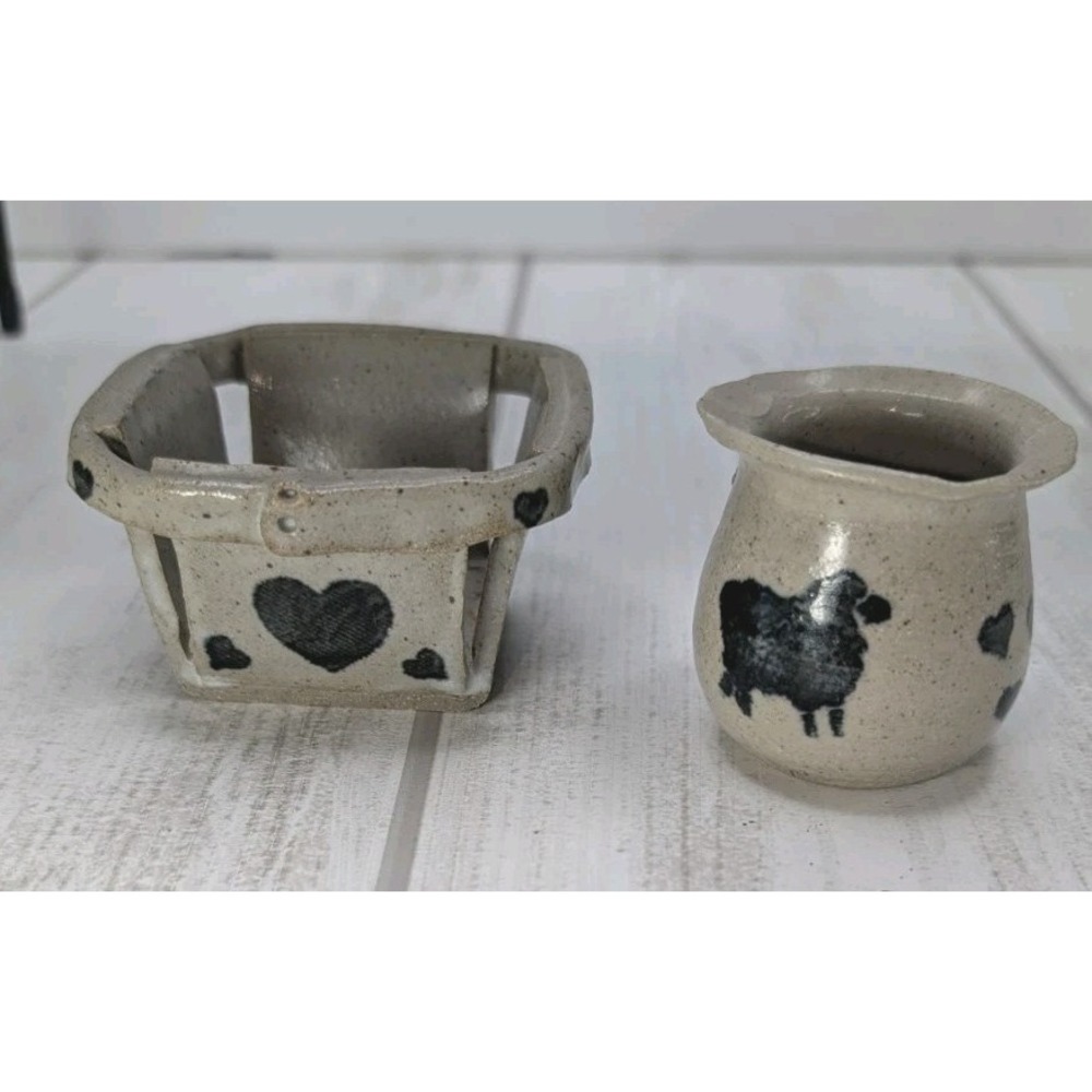 Signed Studio Pottery Mini Sheep Crock & Heart Basket Folk Art Stoneware